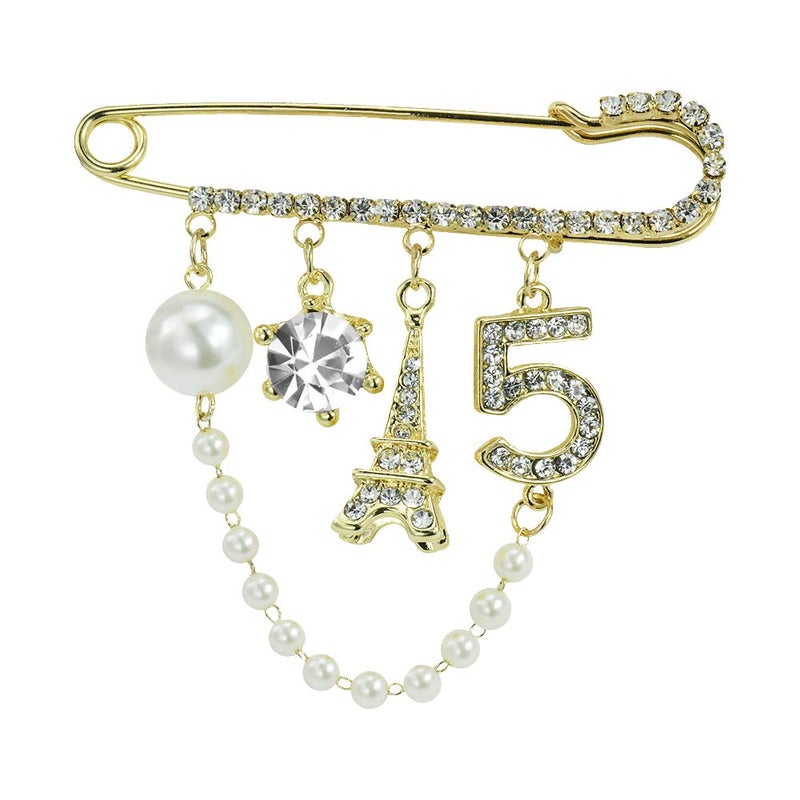 Mamfous Vintage Crown Number 5 Lapel Pins and Brooches for Women Rhinestone Jewelry with Simulated Pearl - Image 1